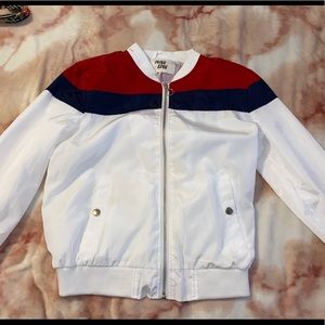 White w/ red & blue sweater